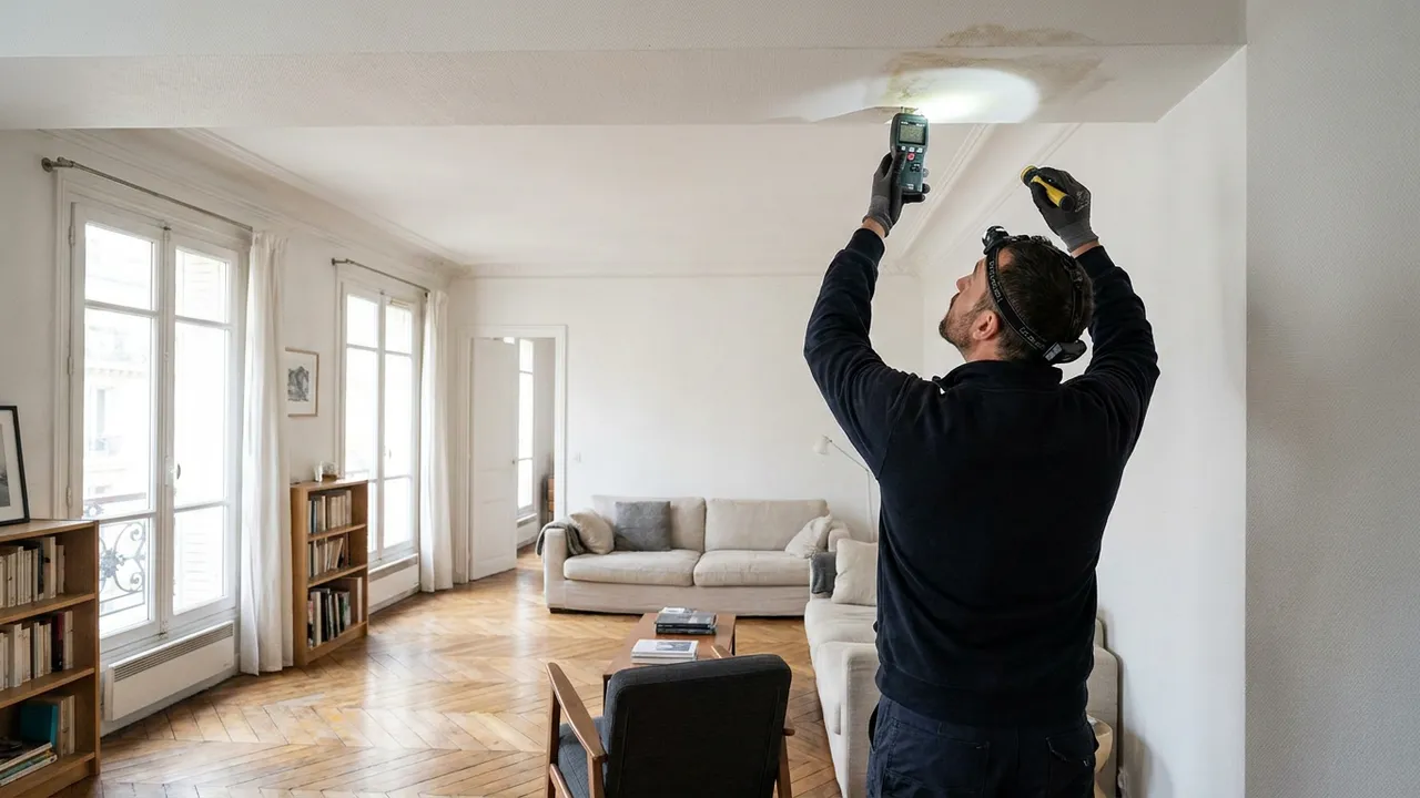 Plafond marqué par une infiltration d'eau dans un appartement d'une résidence d'Orsay