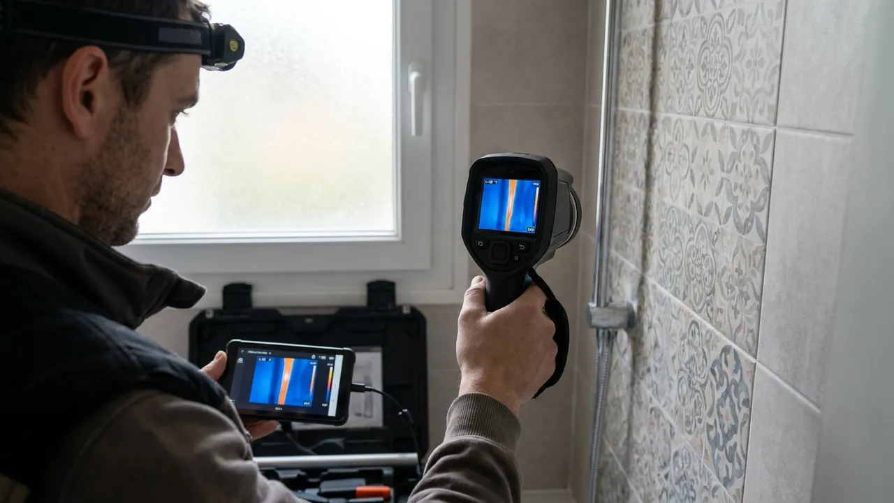 Plombier utilisant une caméra thermique pour localiser une fuite dans une maison d'Orsay