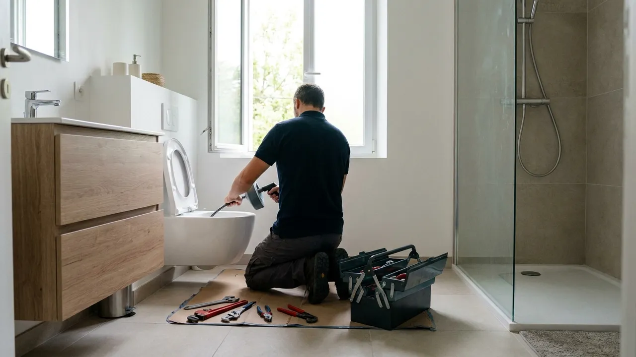 Débouchage de WC à la ventouse dans une salle d'eau d'un pavillon d'Orsay